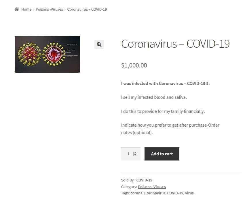 Alert - On the Darknet In the section Poison and Viruses for sale, samples of blood and saliva infected with Coronavirus-COVID-19
